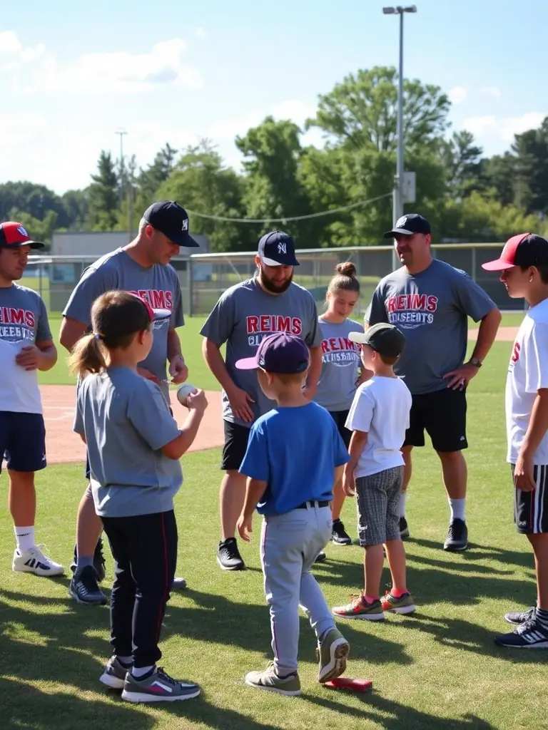 A photo of Reims Baseball Club members participating in a community outreach program, such as a baseball clinic for underprivileged children, showcasing the club's commitment to giving back to the community.