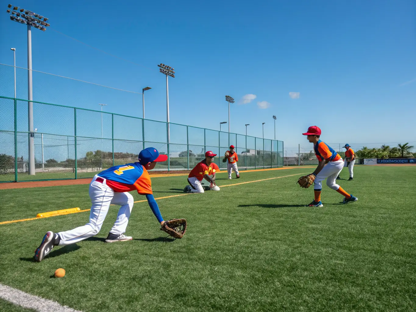 An action shot of softball players in Reims, France, practicing fielding techniques during a training session, emphasizing agility and precision.