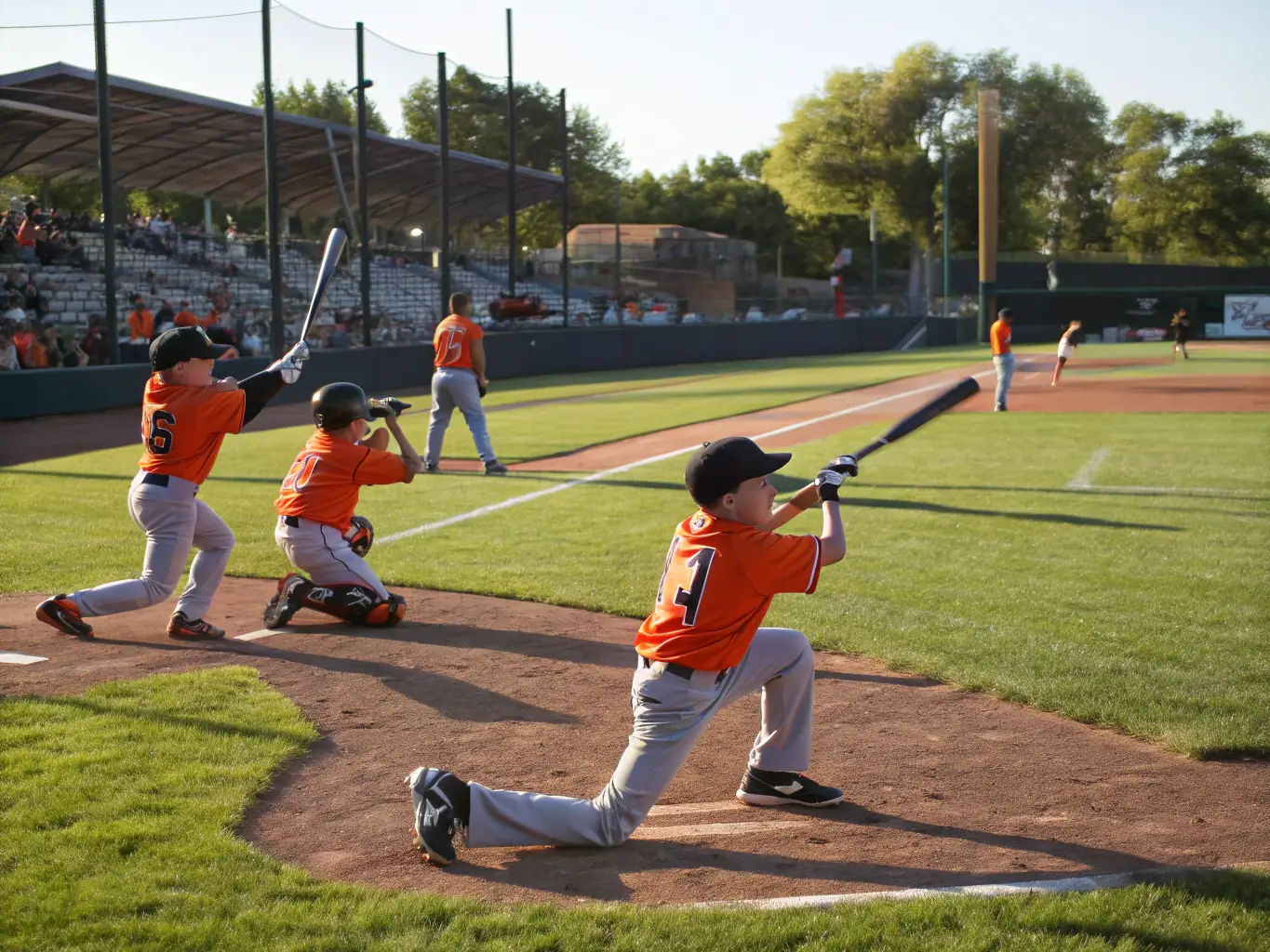 A vibrant image of young baseball players in Reims, France, participating in a summer camp activity, showcasing teamwork and skill development under the guidance of experienced coaches.