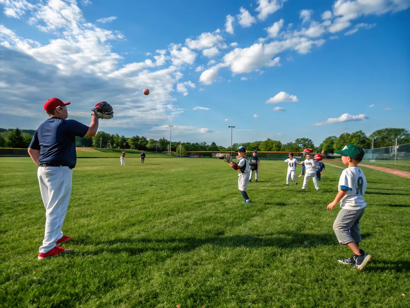 A vibrant image capturing a youth baseball team in action during a training session at Reims Baseball Club, focusing on teamwork and skill development.
