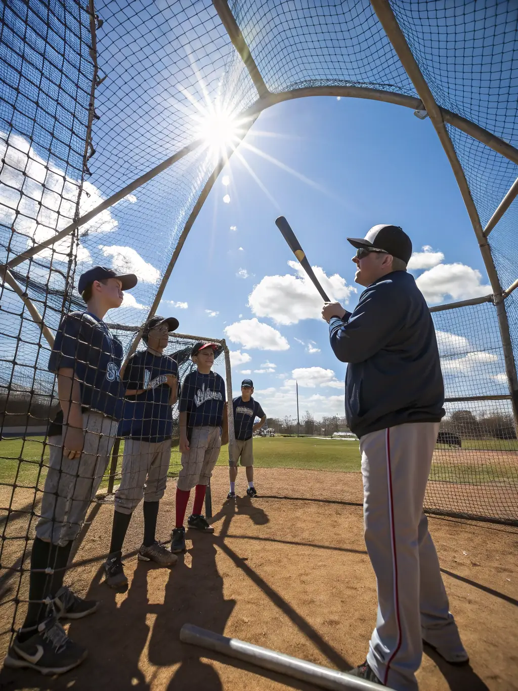 A high-quality photo of Reims Baseball Club coaches providing personalized batting instruction to a young player, showcasing the club's commitment to individual skill development.