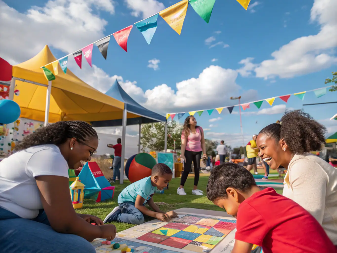 An image depicting a community event organized by AAPEP, with children and families participating in activities such as sports, games, and educational workshops.