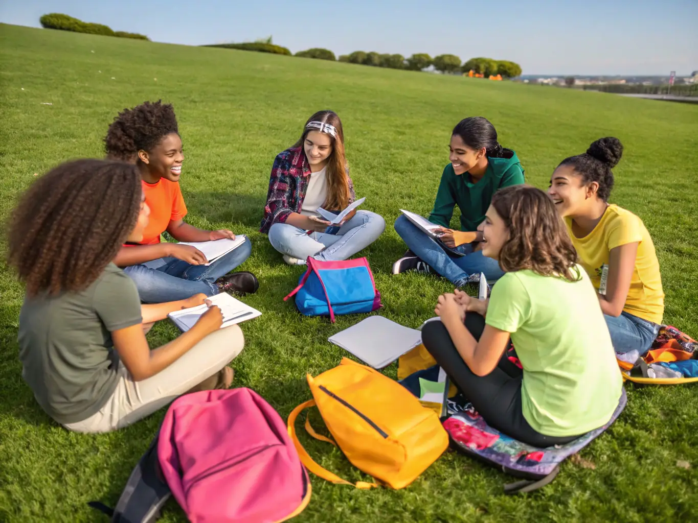 A photograph of a group of teenagers participating in a mentorship program, sitting together and discussing their goals with a supportive mentor.