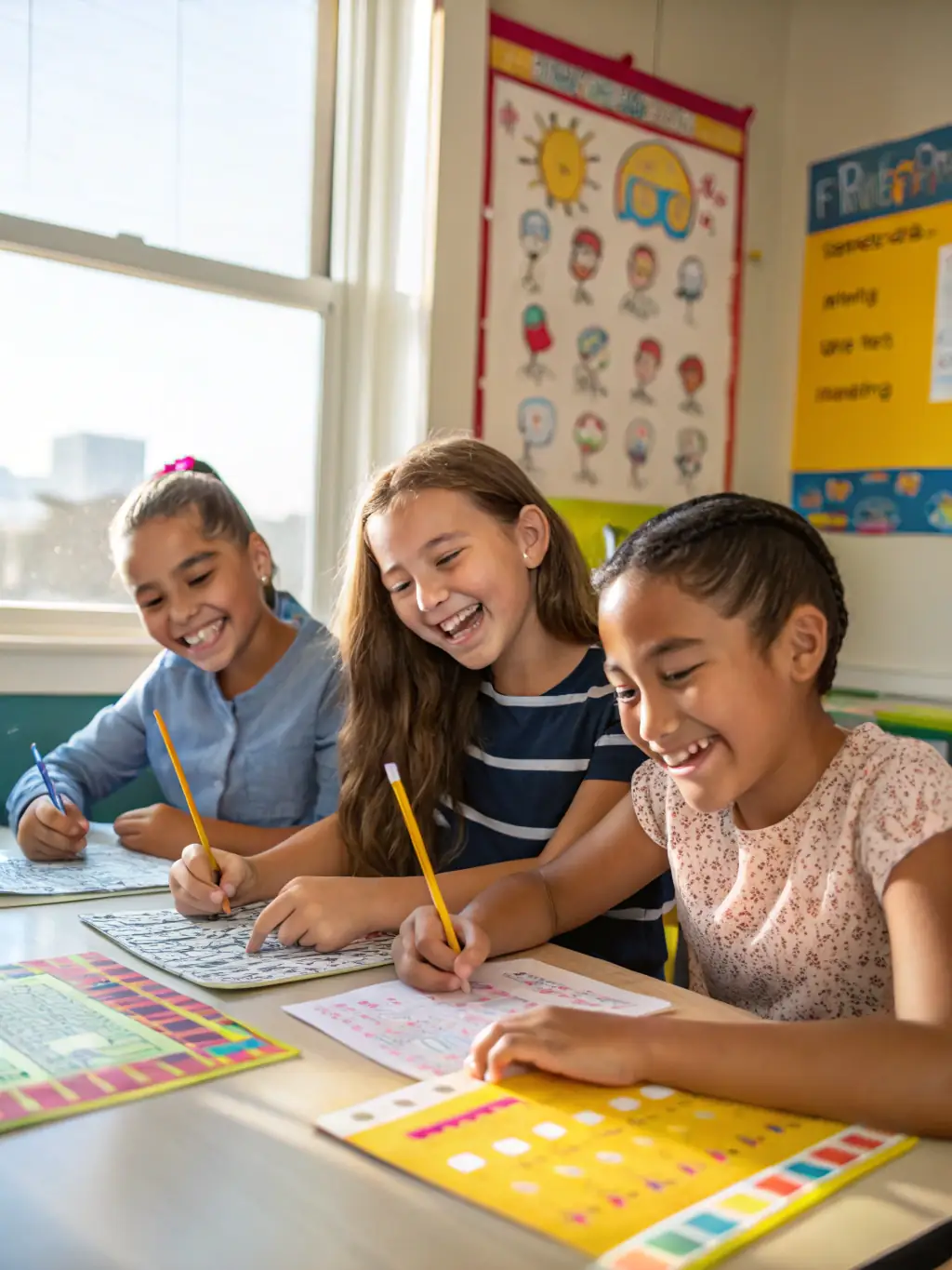 A group of young students participating in a tutoring session, with a focus on math problems, in a brightly lit classroom setting, emphasizing the support provided by AAPEP's educational programs.