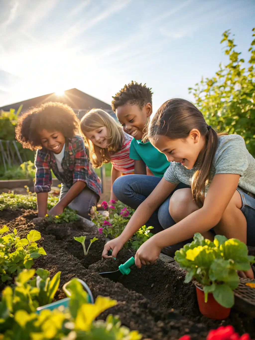A picture of young people volunteering at a local community garden, planting vegetables and flowers, demonstrating AAPEP's emphasis on community engagement and social responsibility.