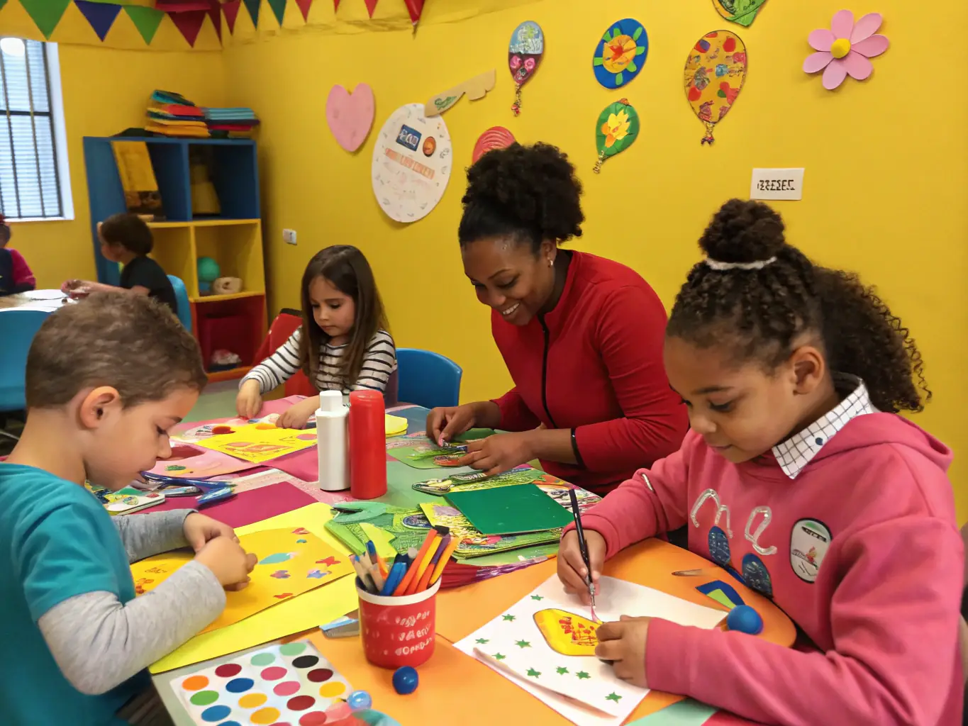 A vibrant image showing children participating in an after-school program, engaged in activities such as arts and crafts, with smiling faces and supportive adult supervision.
