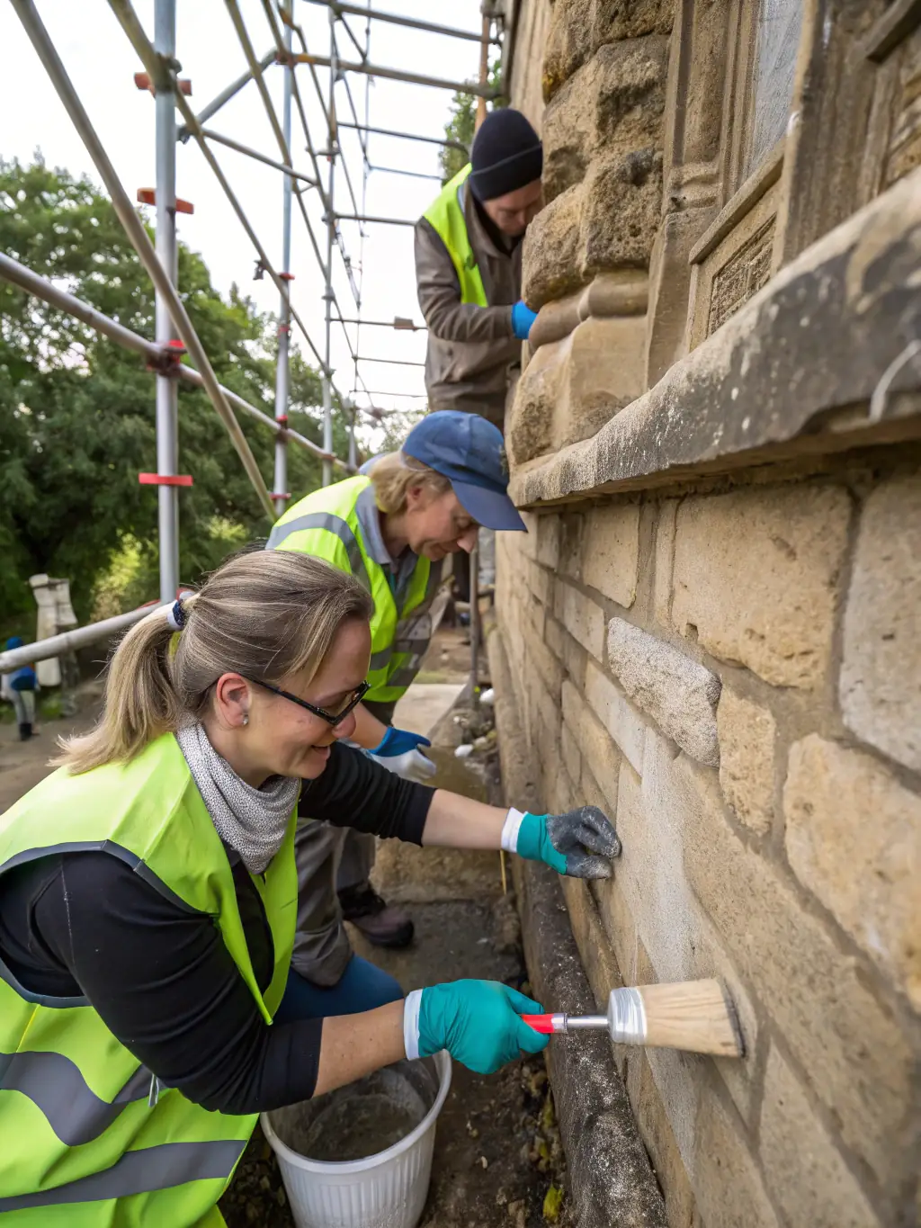 An image of volunteers working on a heritage preservation project in the Chaunois area, such as restoring a historical building or archiving historical documents.